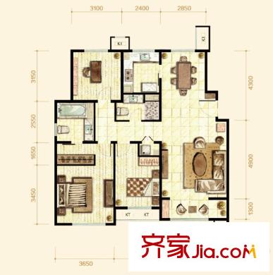 橡樹灣三期33、34、35、39#樓標(biāo)準(zhǔn)層H戶型 3室2廳2衛(wèi)1廚
