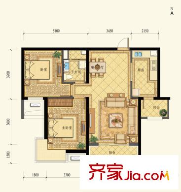 梧桐大道戶型圖四期星匯D1-E戶型 2室2廳1衛(wèi)1廚