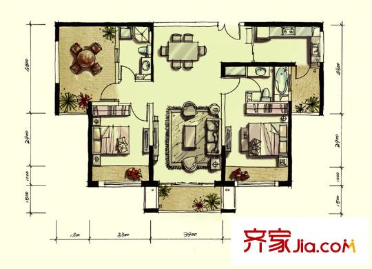 唐城壹零壹101號樓標(biāo)準(zhǔn)層B1戶型 3室2廳2衛(wèi)1廚