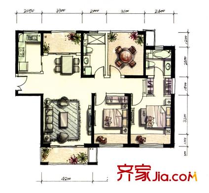 唐城壹零壹103號樓標(biāo)準(zhǔn)層B3戶型 3室2廳2衛(wèi)1廚
