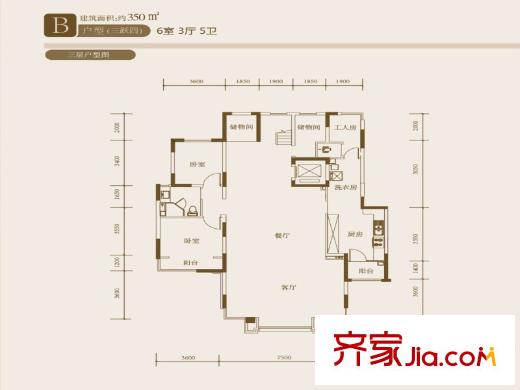 仁恒金沙府B戶型三層 6室3廳5衛(wèi)