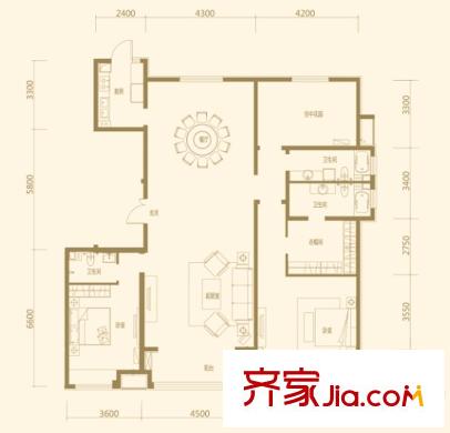 恒茂國(guó)際都會(huì)7號(hào)樓標(biāo)準(zhǔn)層A戶型 2室2廳3衛(wèi)1廚