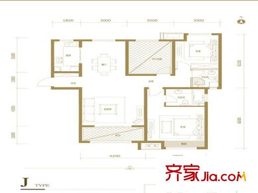 恒茂國際都會(huì)7號(hào)樓標(biāo)準(zhǔn)層J戶型 3室2廳2衛(wèi)1廚