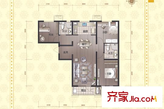 潤達萬科金域藍灣二期304 #樓標(biāo)準(zhǔn)層E戶型  3室2廳2衛(wèi)1廚