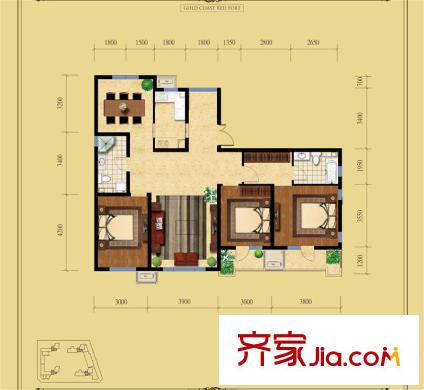 金岸紅堡1#、2#、3#、4#樓標(biāo)準(zhǔn)層B1戶(hù)型 3室2廳2衛(wèi)