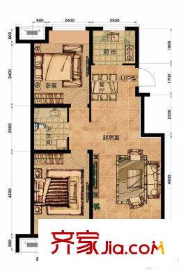 金色璽園5、6#樓標(biāo)準(zhǔn)層U戶型 2室2廳1衛(wèi)1廚