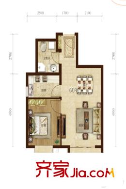 和泓陽光北岸2#樓標準層A2戶型 1室2廳1衛(wèi)1廚