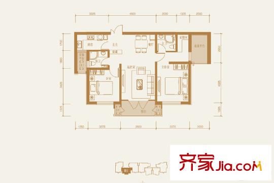 鉑悅山210#樓標準層B1戶型 2室2廳2衛(wèi)1廚