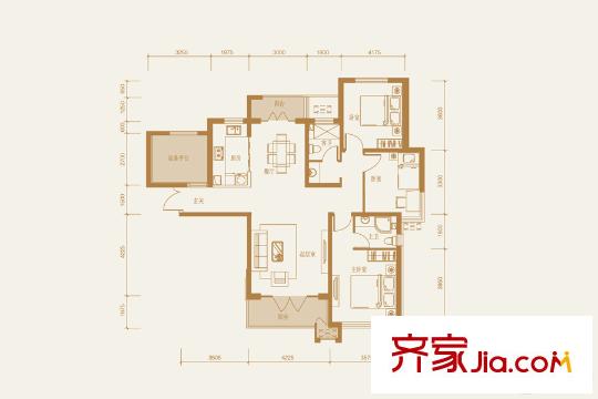 鉑悅山210#樓標準層F戶型 3室2廳2衛(wèi)1廚