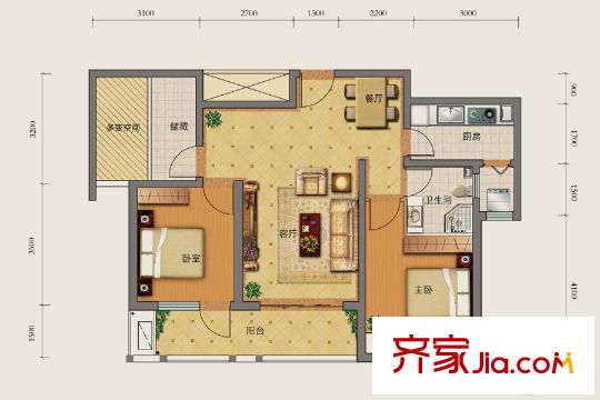 勒泰城1#9#樓標(biāo)準(zhǔn)層C戶型 2室2廳1衛(wèi)1廚
