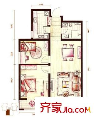 九州國際戶型圖1、3、4、6、7、8#樓標(biāo)準(zhǔn)層suite-A3戶型 2室2廳1衛(wèi)1廚