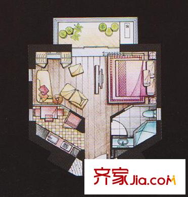 金領(lǐng)國(guó)際一期1號(hào)樓標(biāo)準(zhǔn)層A1戶型圖 1室1廳1衛(wèi)1廚