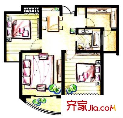 金領(lǐng)國(guó)際一期1號(hào)樓標(biāo)準(zhǔn)層A戶型圖 2室1廳1衛(wèi)1廚