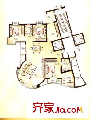 金領(lǐng)國(guó)際一期1號(hào)樓標(biāo)準(zhǔn)層E戶型圖 4室2廳1衛(wèi)1廚