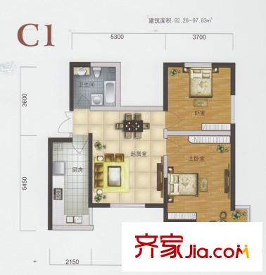 渤海明珠一期1號樓標(biāo)準(zhǔn)層C1戶型圖 2室2廳1衛(wèi)1廚