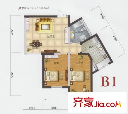渤海明珠一期1號樓標(biāo)準(zhǔn)層B1戶型圖 2室2廳1衛(wèi)1廚