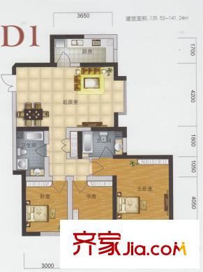 渤海明珠一期1號樓標(biāo)準(zhǔn)層D1戶型圖 3室2廳2衛(wèi)1廚