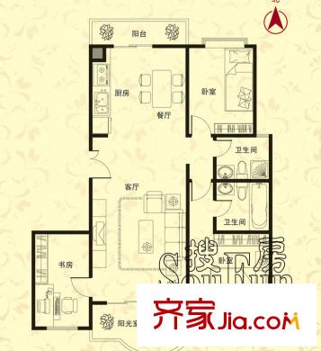 新興國際文教城戶型圖戶型B 2室1廚