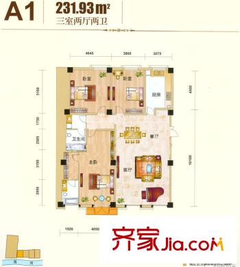 海河新天法桐墅一期A座標準層A1戶型 3室2廳2衛(wèi)1廚