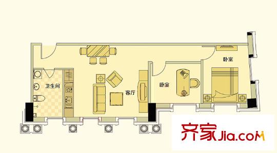海河新天法桐墅一期B座標準層兩室戶型圖 2室1廳1衛(wèi)