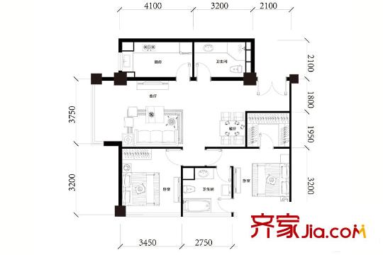 昆侖中心公寓標(biāo)準(zhǔn)層C戶型 2室2廳1衛(wèi)1廚