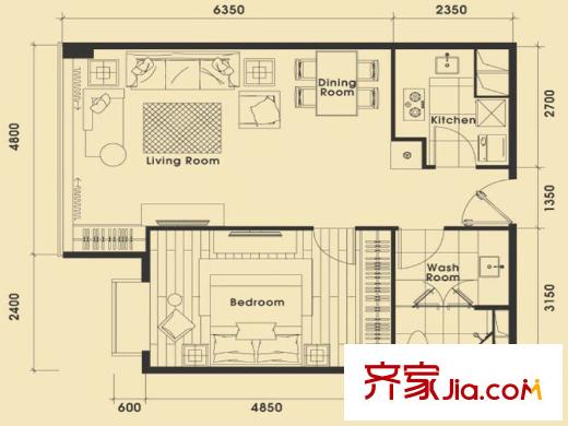 昆侖中心一期高層標(biāo)準(zhǔn)層D戶型 1室2廳1衛(wèi)1廚