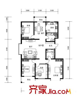 富佳康橋峰景戶型圖b戶型 4室2廳2衛(wèi)1廚