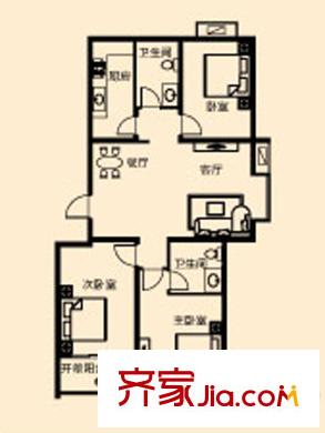 鴻潤嘉園2-4#戶型 3室2廳1衛(wèi)1廚