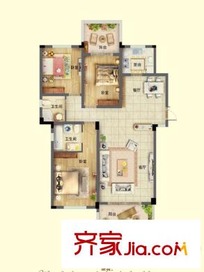 三盛國際海岸9-18#洋房B-二層戶型圖 3室2廳2衛(wèi)1廚