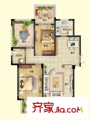 三盛國際海岸23、25-31、33、35#洋房D1-四層戶型圖 2室2廳1衛(wèi)1廚
