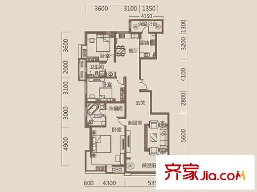 華城領秀三期7號樓標準層I2戶型圖 3室2廳2衛(wèi)1廚