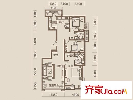 華城領秀三期7號樓標準層I1戶型圖 3室2廳2衛(wèi)1廚
