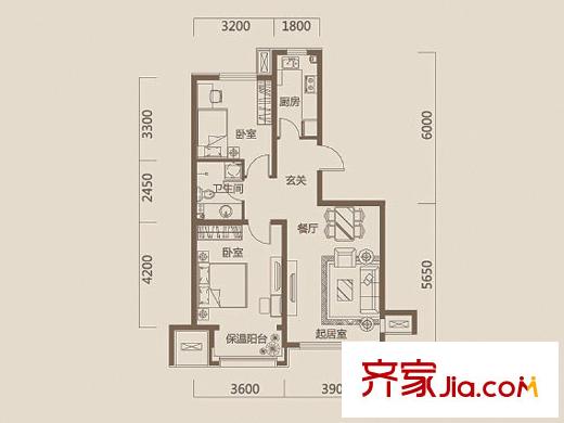 華城領秀三期10、11、21、22號樓標準層B3戶型圖 2室2廳1衛(wèi)1廚