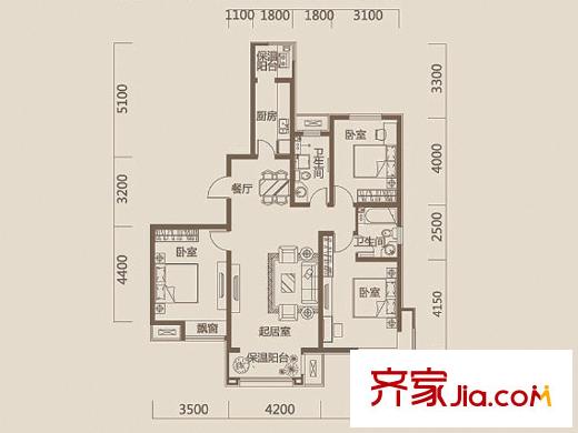 華城領秀三期10、11、21、22號樓標準層A2戶型圖 3室2廳2衛(wèi)1廚