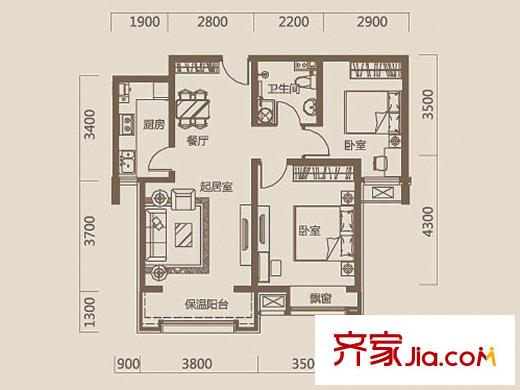 華城領(lǐng)秀三期5、9號樓標(biāo)準(zhǔn)層E戶型圖 2室2廳1衛(wèi)1廚