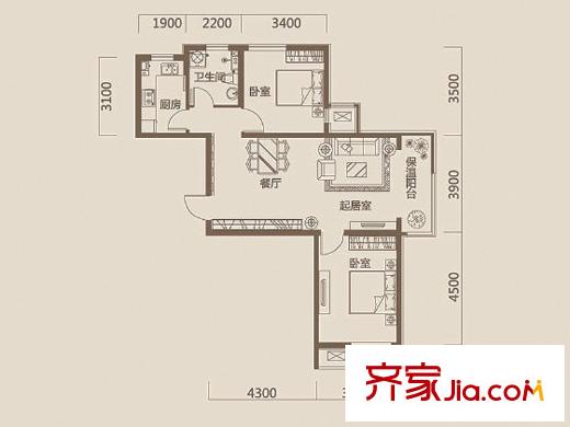 華城領(lǐng)秀三期6、8、12、25、26號樓標(biāo)準(zhǔn)層G1戶型圖 2室2廳1衛(wèi)1廚