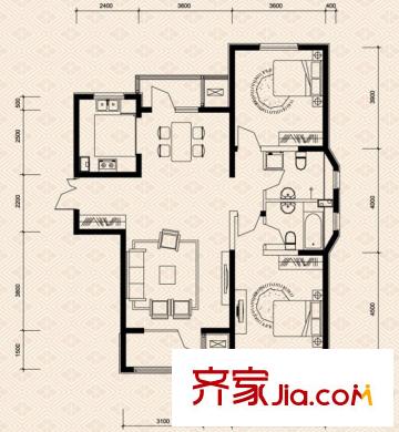 頤賢里高層標(biāo)準(zhǔn)層兩室戶型圖 2室2廳2衛(wèi)1廚