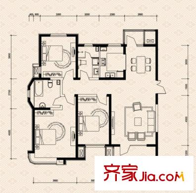 頤賢里高層標(biāo)準(zhǔn)層三室戶型圖 3室2廳2衛(wèi)1廚