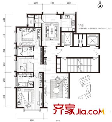 津瀾闕高層標(biāo)準(zhǔn)層D戶型 3室2廳2衛(wèi)1廚