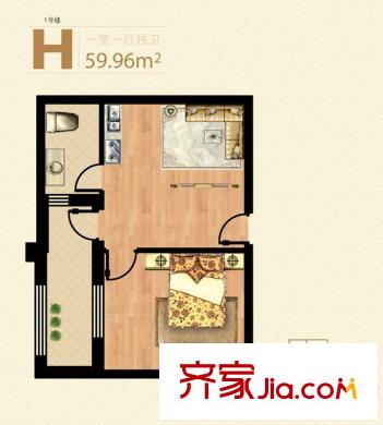 凱旋國際公寓1號(hào)樓標(biāo)準(zhǔn)層H戶型 1室1廳1衛(wèi)1廚