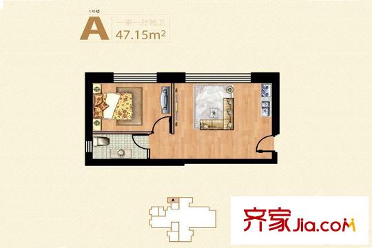 凱旋國際公寓1號(hào)樓標(biāo)準(zhǔn)層A戶型 1室1廳1衛(wèi)1廚