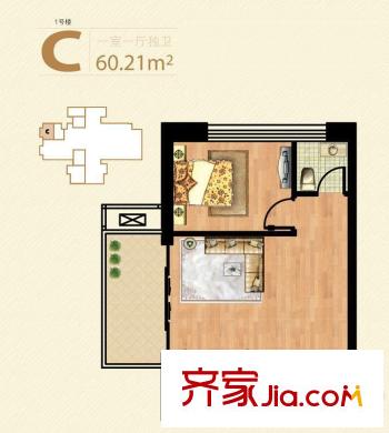 凱旋國際公寓1號(hào)樓標(biāo)準(zhǔn)層C戶型 1室1廳1衛(wèi)1廚