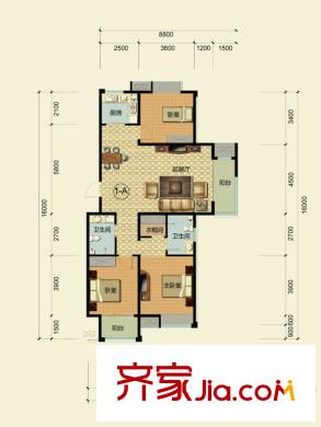 華通唐島七星攬海雅居A戶型 3室2廳1衛(wèi)2廚