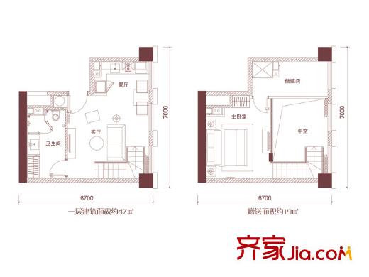 天津科技廣場高層標準層LOFTS4戶型 1室2廳1衛(wèi)1廚
