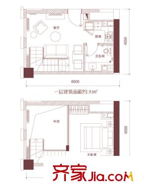天津科技廣場高層標準層LOFTS3戶型 1室1廳1衛(wèi)1廚
