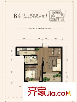逸景灣一期1#、2#、3#標(biāo)準(zhǔn)層B戶型 1室2廳1衛(wèi)