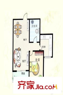 歐美世紀(jì)花園28#標(biāo)準(zhǔn)層B戶型 1室2廳1衛(wèi)1廚