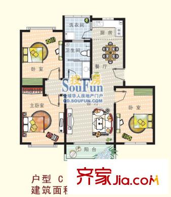 歐美世紀(jì)花園13#、32#標(biāo)準(zhǔn)層C戶型 3室2廳1衛(wèi)