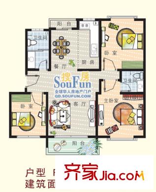 歐美世紀(jì)花園12#標(biāo)準(zhǔn)層F戶型 3室2廳2衛(wèi)1廚