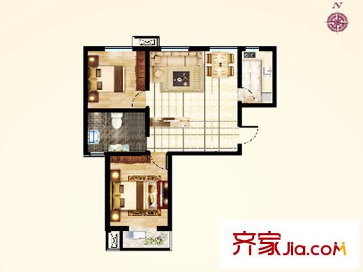 花溪畔高層標準層C戶型 2室2廳1衛(wèi)1廚